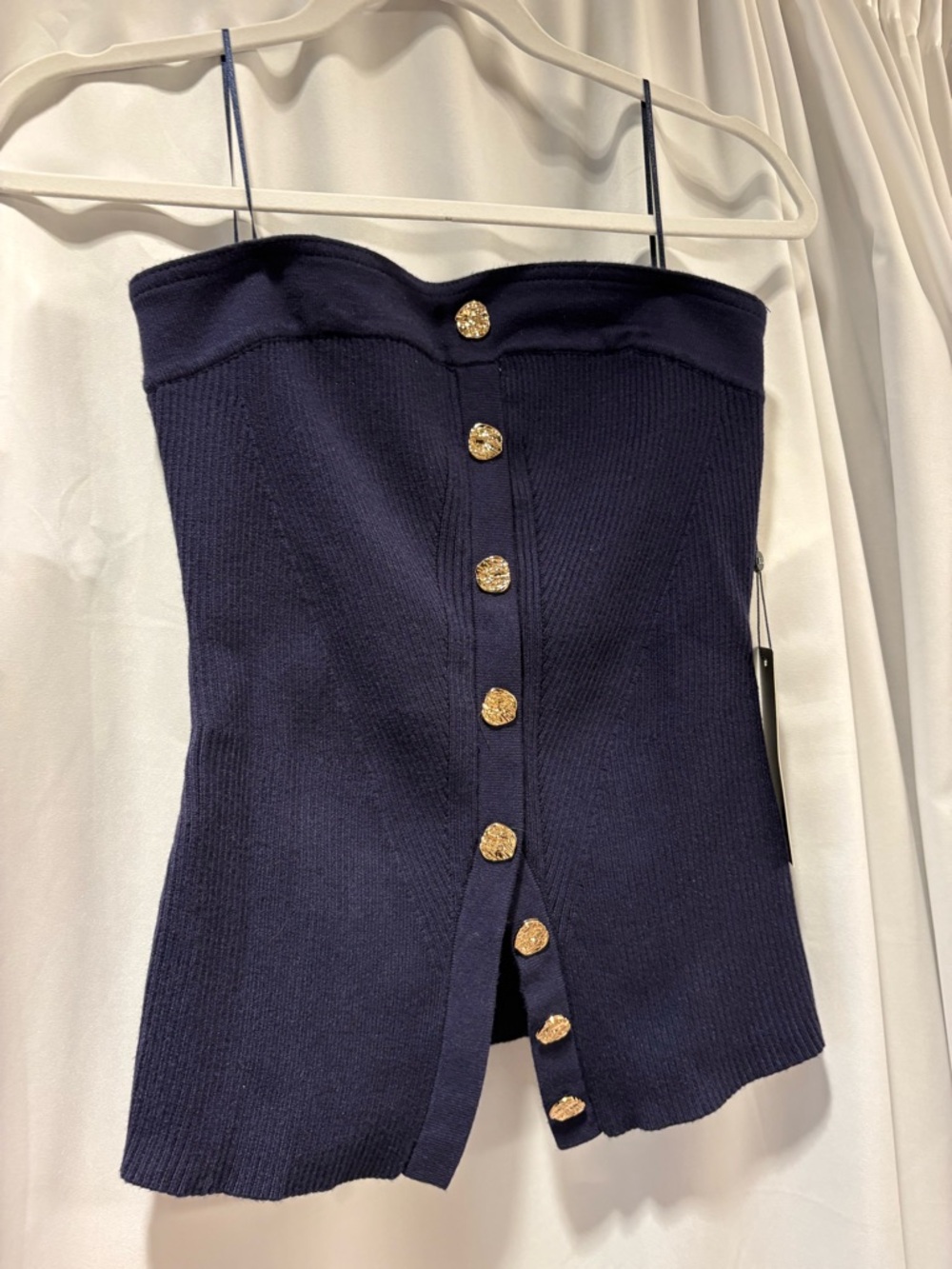Navy Knit Button-Front Strapless Top with Gold Buttons **never wore**